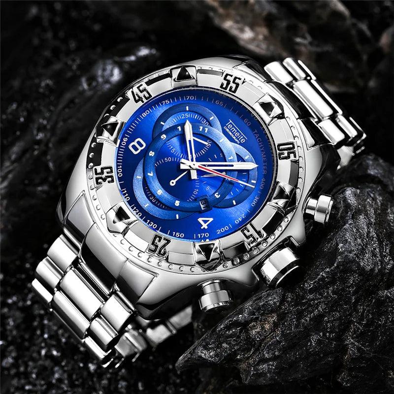 Temeite Golden Luxury Brand Men Watches Fashion Blue Face Waterproof Stainless Steel Watch Big Size Male Quartz Clock Wristwatch - Viva Vista Store