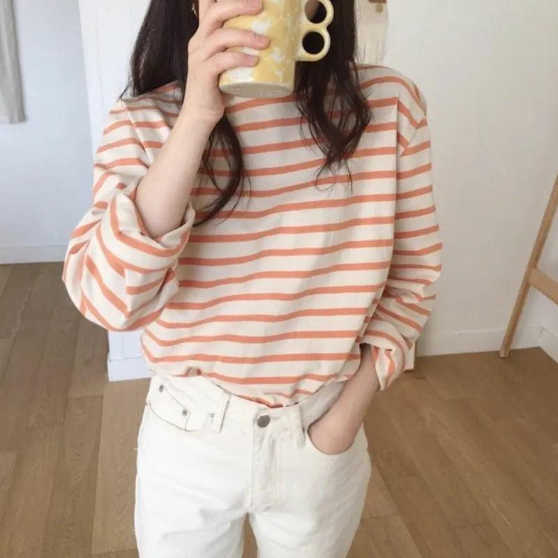 Hnewly spring autumn Women t shirt Harajuku Simple stripes t-shirt long sleeve casual oversized T-Shirts Female goth blue pink Top Tees - Viva Vista Store