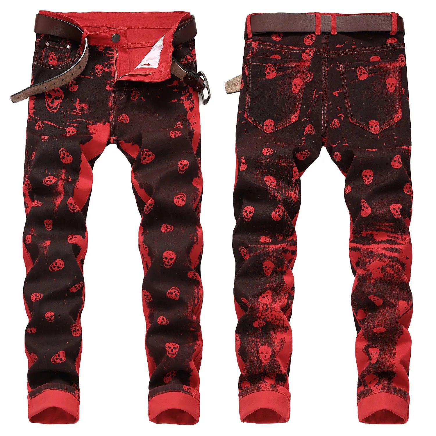 Men’s skull prints elastic denim pants street fashion paint prints red jeans slimming casual pants jeans - Viva Vista Store