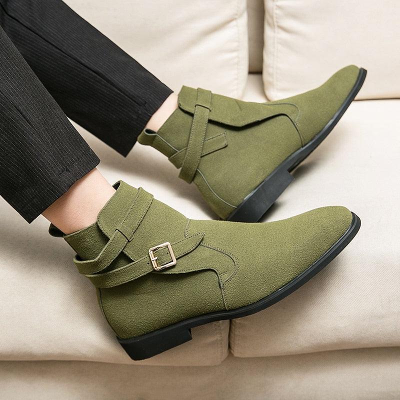 New Green Retro Men's Boots Buckle Design Suede Leather Boots Dress Formal Boots Casual Winter Chelsea Men Shoes botas de hombre - Viva Vista Store