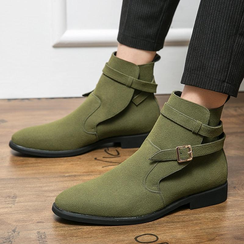 New Green Retro Men's Boots Buckle Design Suede Leather Boots Dress Formal Boots Casual Winter Chelsea Men Shoes botas de hombre - Viva Vista Store