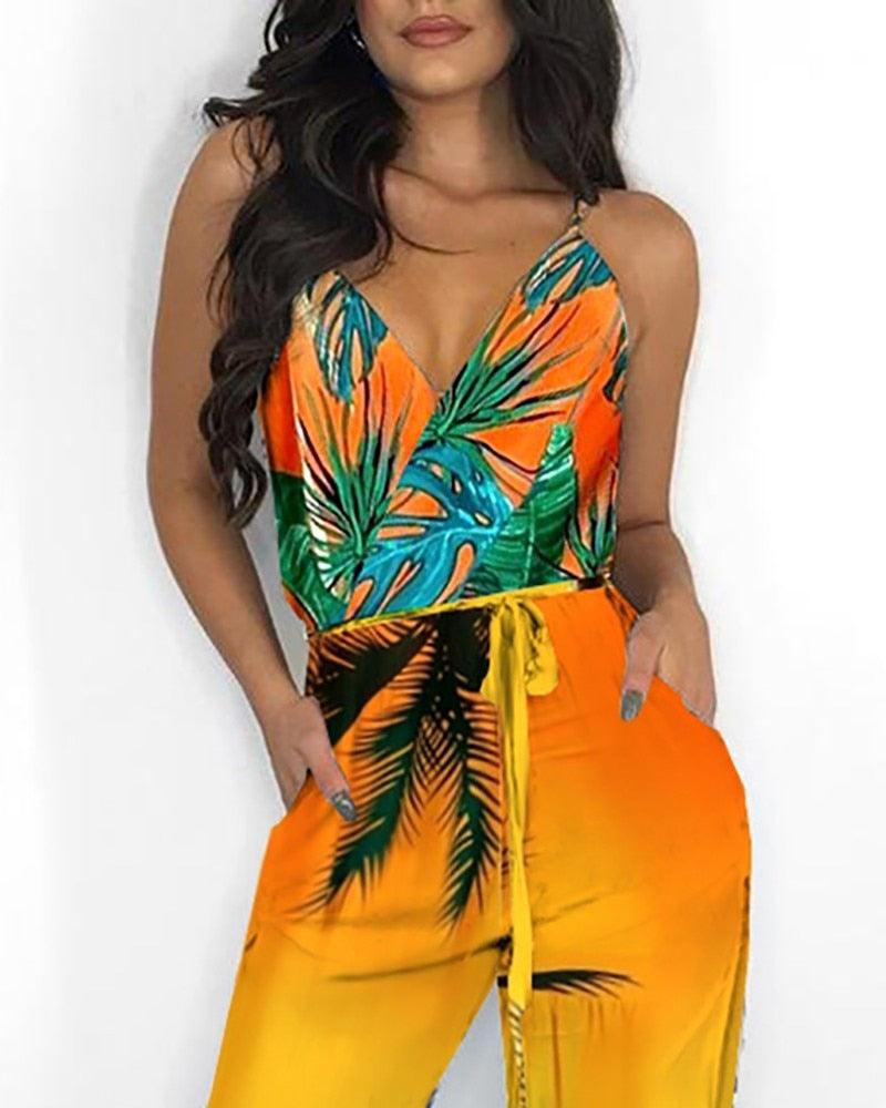 Autumn Women Casual Sleeveless V-Neck Jumpsuits Ladies Boho Floral Bodysuit Loose Long Pencil Side Slit Pants - Viva Vista Store