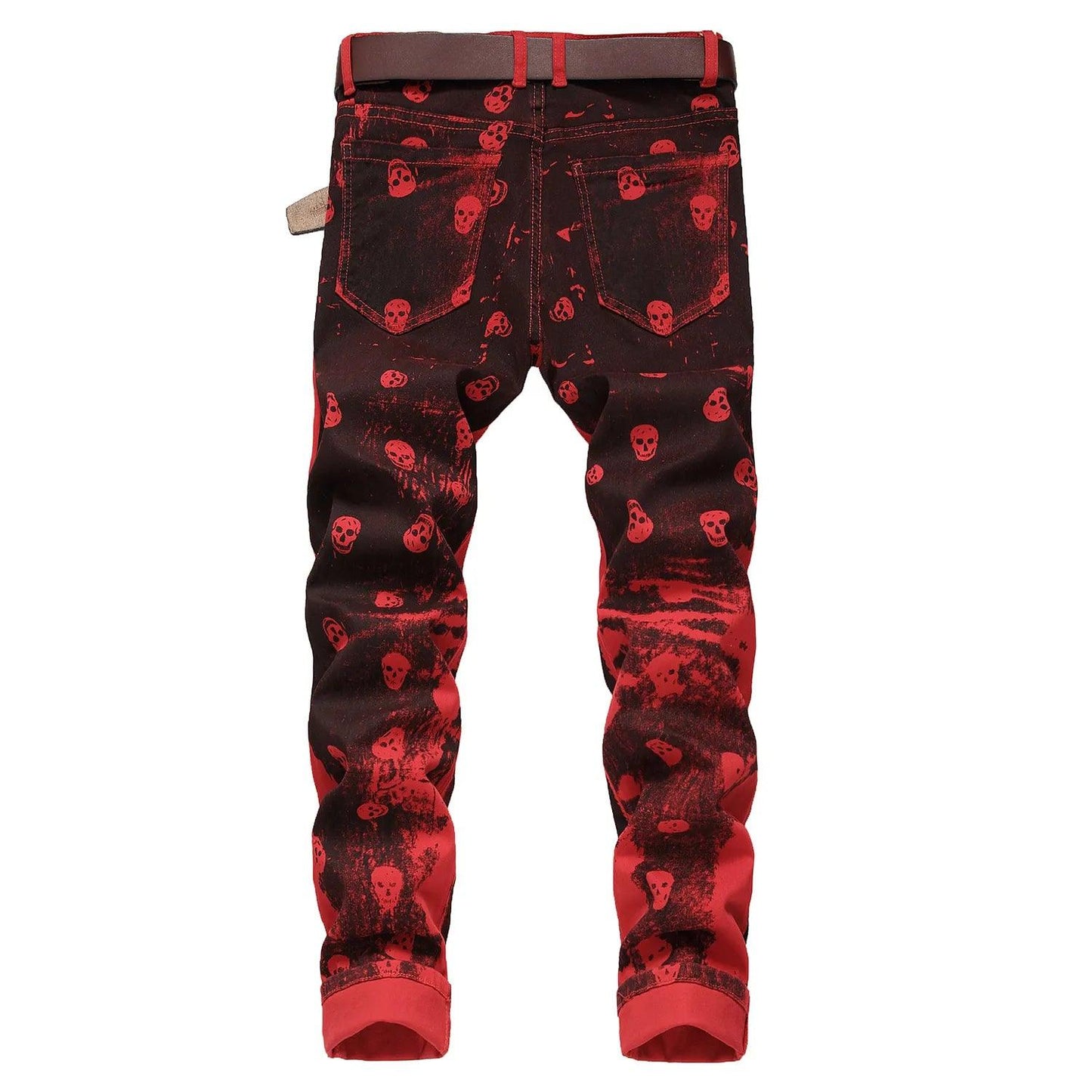 Men’s skull prints elastic denim pants street fashion paint prints red jeans slimming casual pants jeans - Viva Vista Store