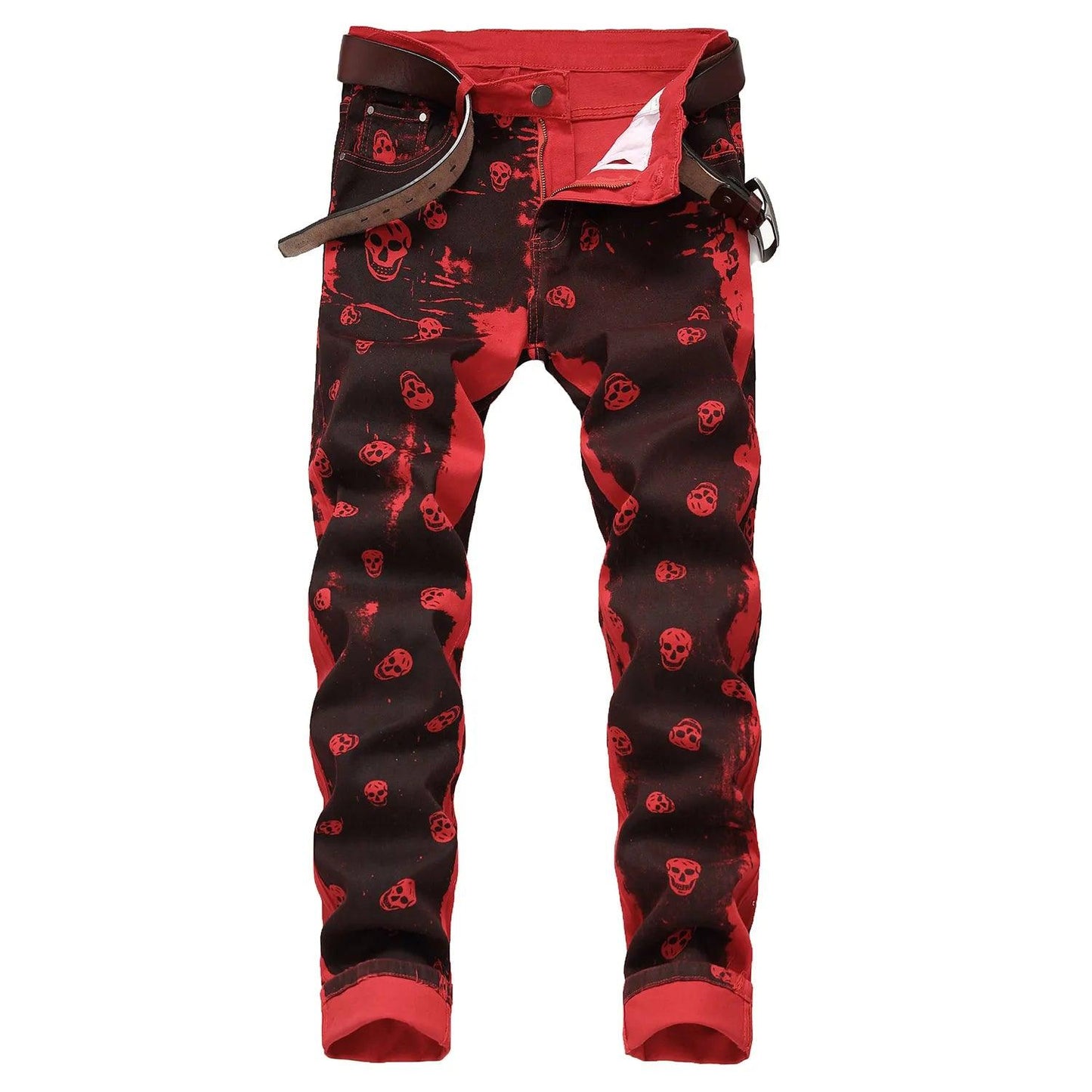 Men’s skull prints elastic denim pants street fashion paint prints red jeans slimming casual pants jeans - Viva Vista Store