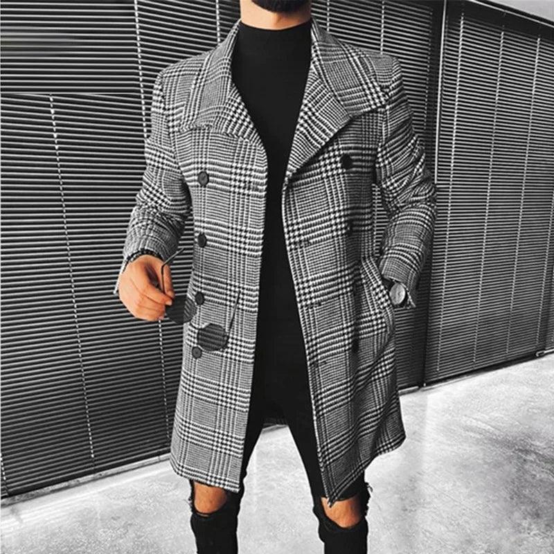 Fashion Men Coat Autumn Winter New Fashion Plaid Double Breasted Lapel Coat Mid-long Coat Men Chic Wool Blends Winter Coat Men - Viva Vista Store