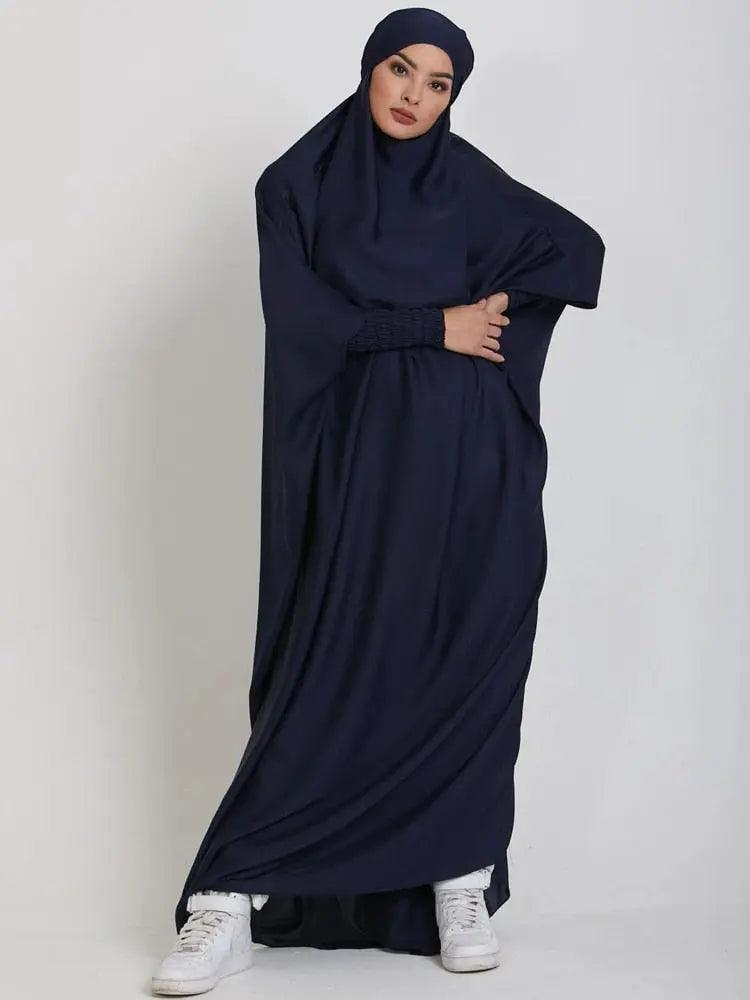 Muslim Women Jilbab One-piece  Prayer Dress Hooded Abaya Smocking Sleeve Islamic Clothing Dubai Saudi Black Robe Turkish Modesty - Viva Vista Store