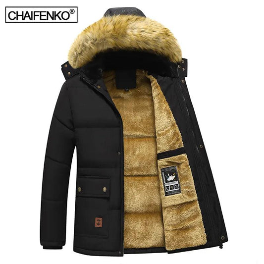 Windproof Fleece Thick Jacket Coat Men Fashion Hooded Fur Collar - Viva Vista Store