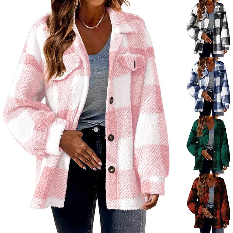 women's button plush coat 2023 autumn/winter with pocket plaid lamb fleece jacket - Viva Vista Store