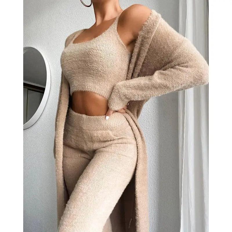 sexy V-neck plush short vest trousers three-piece set women's casual - Viva Vista Store