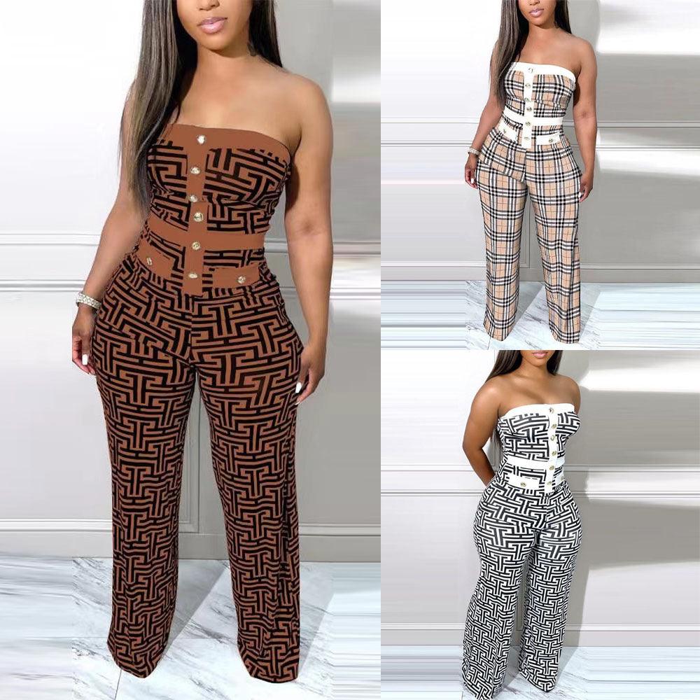 K8019 Cross-border European and American Women's Wear 2023 New Sexy Print Color Block Bandeau One-Piece Wide Leg Pants In stock - Viva Vista Store