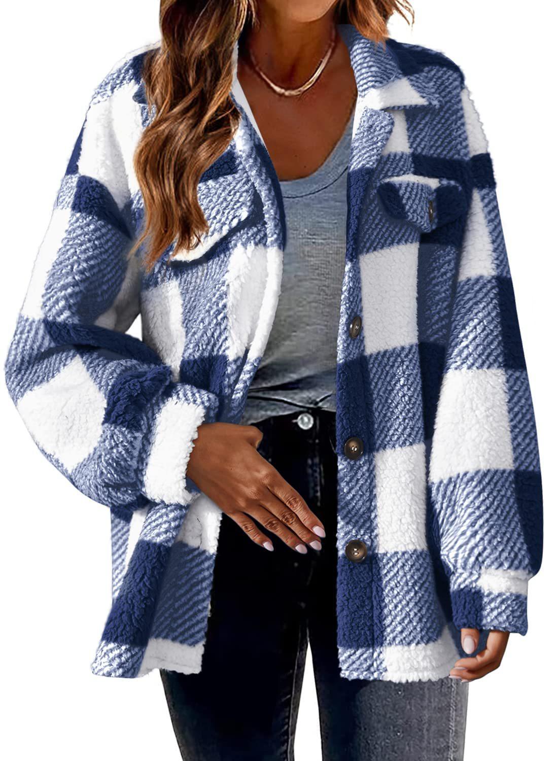 women's button plush coat 2023 autumn/winter with pocket plaid lamb fleece jacket - Viva Vista Store