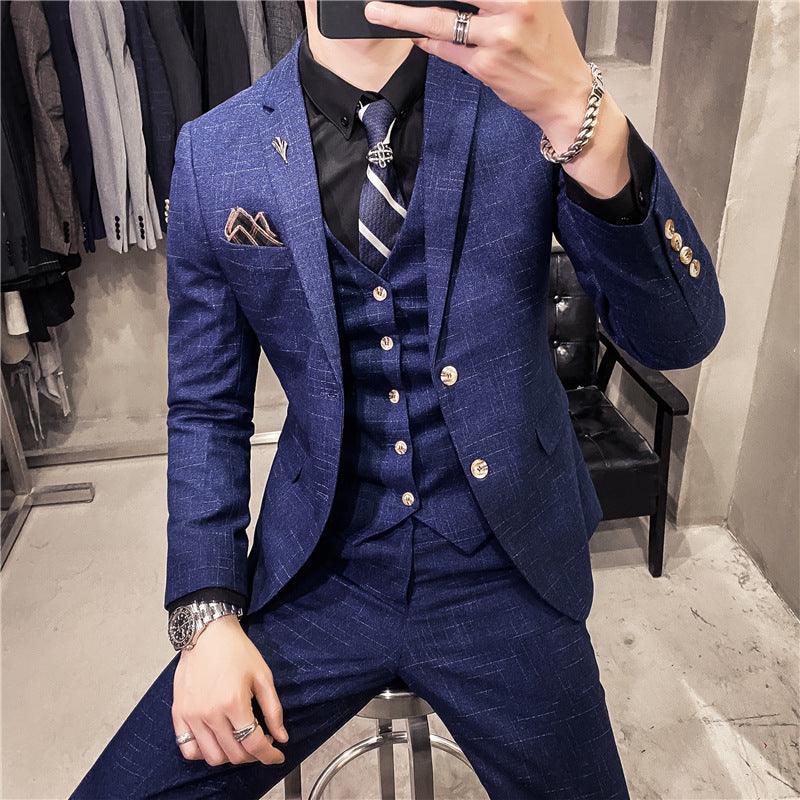 Korean version of slim dark pattern men's two-button suit three-piece suit spring and autumn style gentleman men's suit vest pants - Viva Vista Store