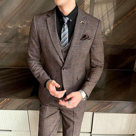 A drop-shipping 2022 new men's plaid suit business casual banquet dress Korean suit three-piece suit - Viva Vista Store