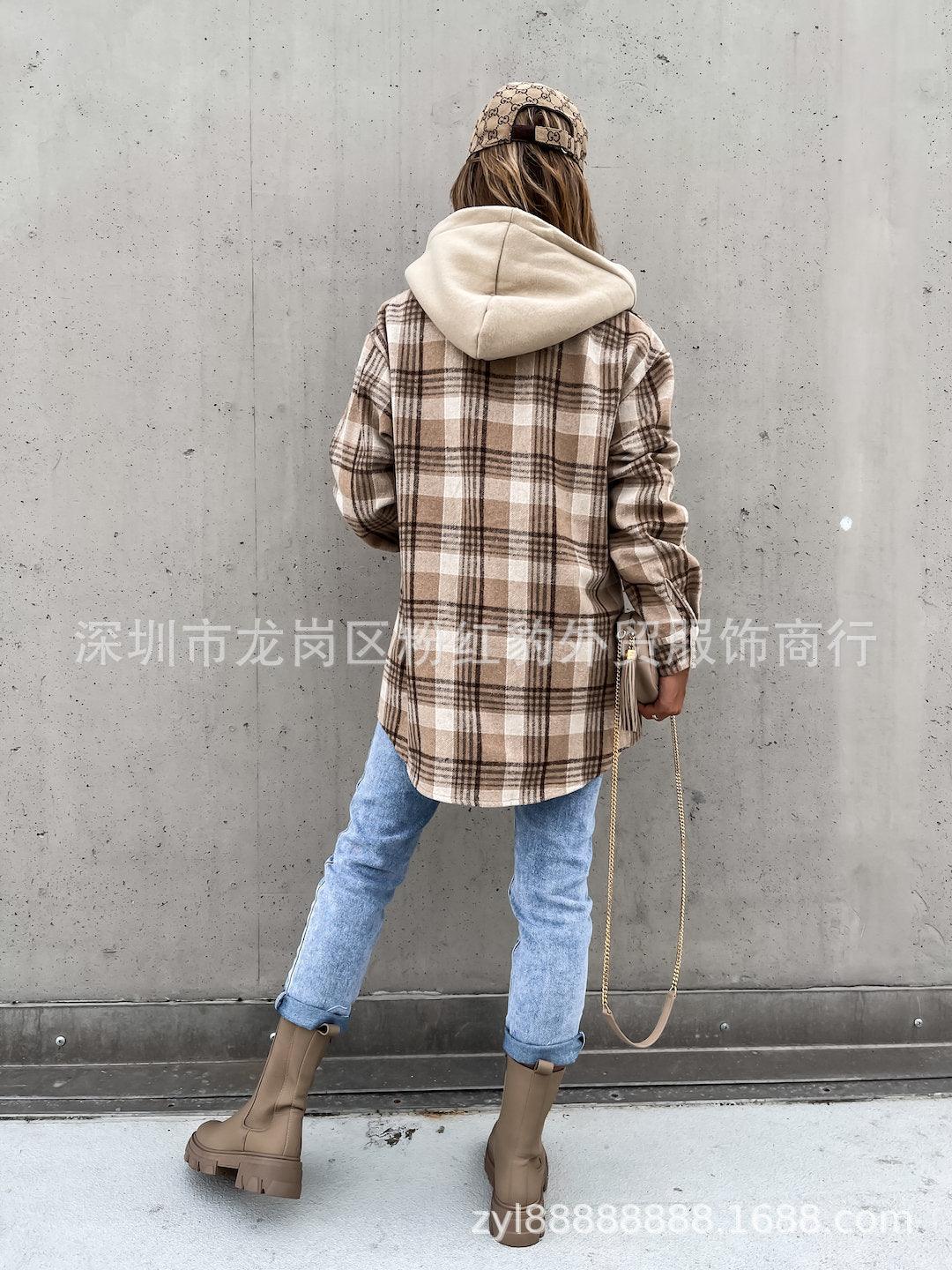 Women's Coat Fashion Hooded (Detachable) Woolen Plaid Coat - Viva Vista Store