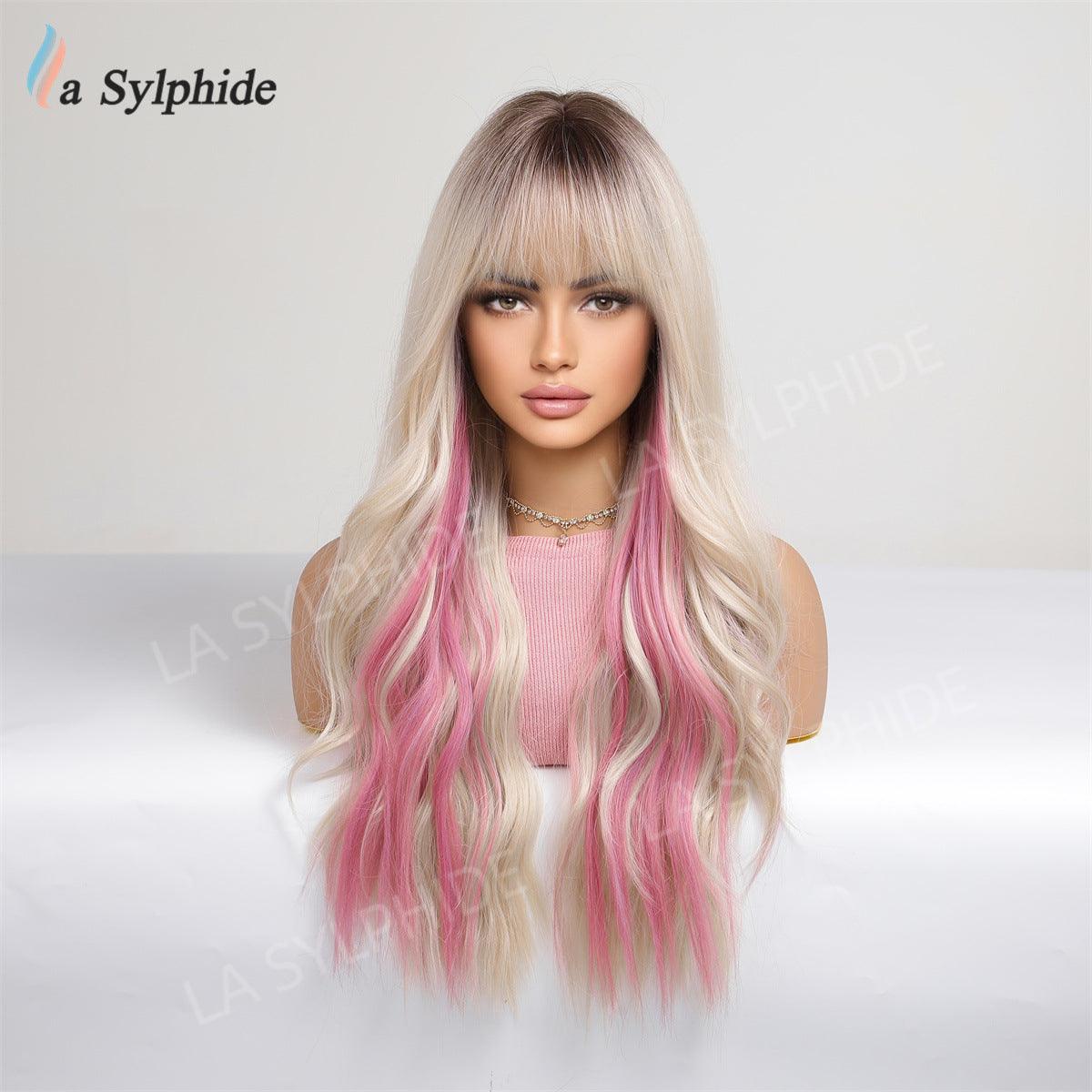 Long Curly Hair Wig Women's bangs Pink Platinum Rose Net Full Headset Long wig - Viva Vista Store