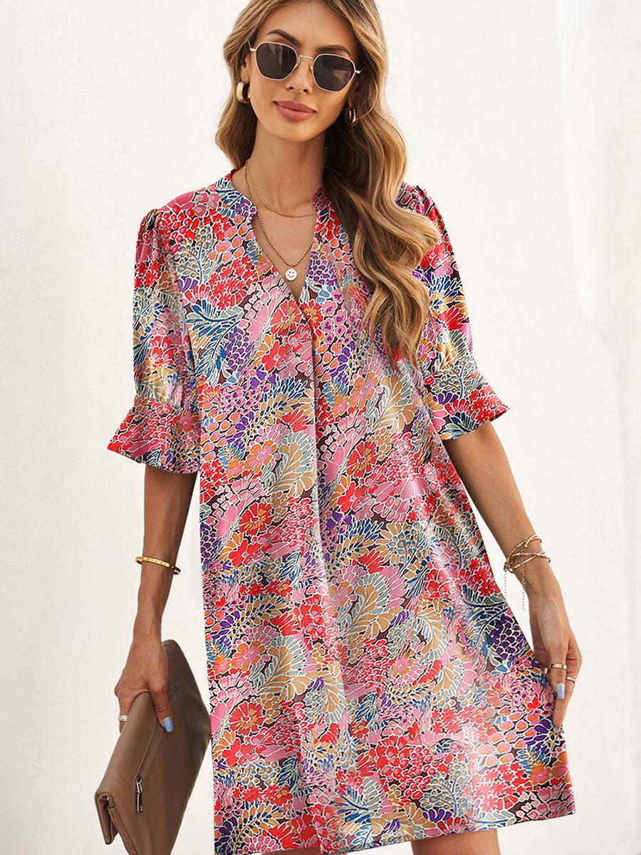 Floral bohemian floral print ruffled sleeve dress women's Amazon women's half-sleeved loose long skirt woman - Viva Vista Store