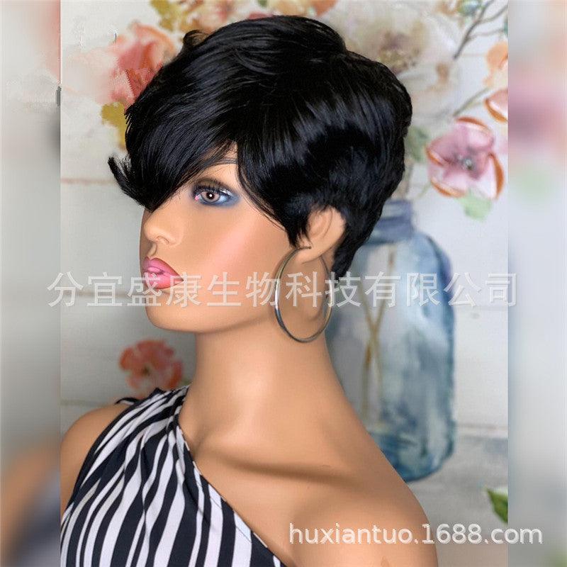 European and American wig oblique bangs black short curly hair high temperature silk free lace mesh wig headgear wholesale - Viva Vista Store