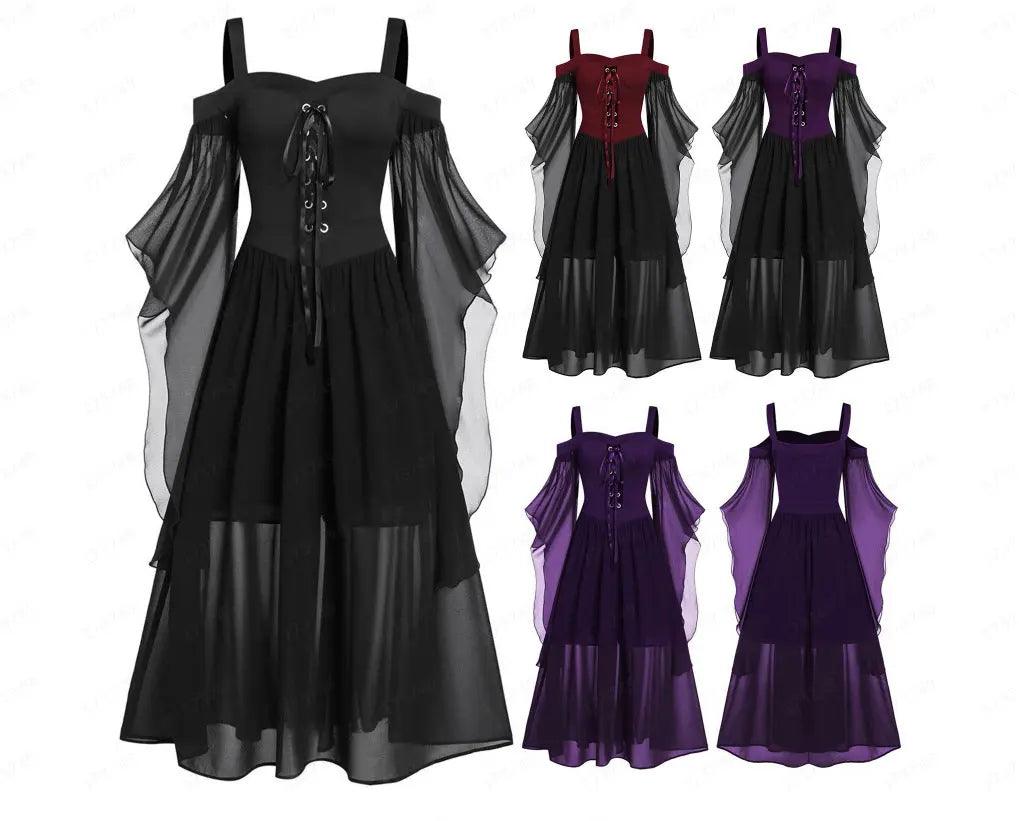 Gothic Dresses for Women Halloween, Plus Size Cold Shoulder Butterfly Sleeve Lace Up Dress Mesh Gothic Dresses - Viva Vista Store