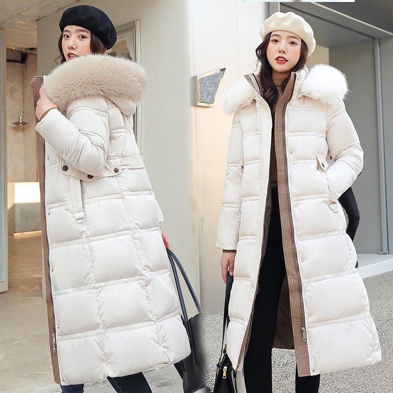 New Down Cotton-padded Coat Women's Long Over-the-knee Large Wool Collar Cotton-padded Coat Thickened Loose Large Size Cotton-padded Coat Jacket - Viva Vista Store