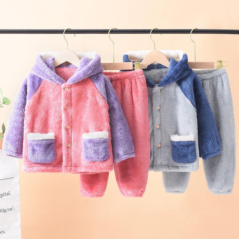 Children's pajamas autumn winter flannel men's baby warm thick home service suit Chinese big boy coral velvet - Viva Vista Store