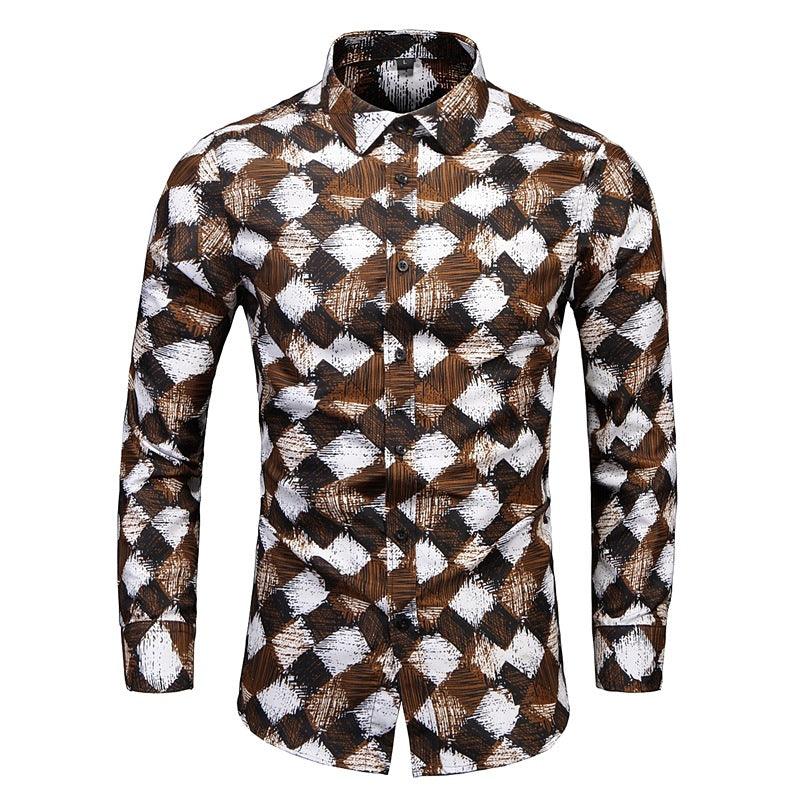 Foreign trade men's fashion small square print lapel men's long sleeve shirt - Viva Vista Store