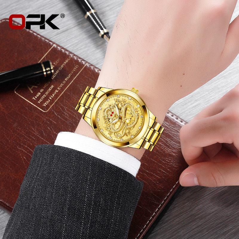 Cross-border Hot OPK brand factory watches wholesale embossed dragon formatys and English table Double calendar waterproof men watch men - Viva Vista Store