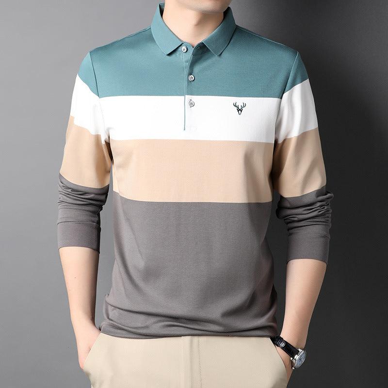 Men's polo shirt spring and autumn youth Korean cotton long sleeve T-shirt men's fashion casual loose striped men's clothing tide - Viva Vista Store