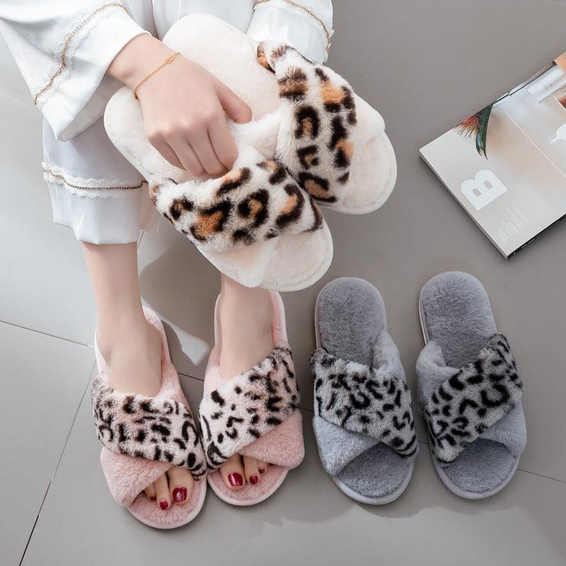 New cross-border home leopard cross gross slippers female European and American INS wind profile plush floor cotton slippers female - Viva Vista Store