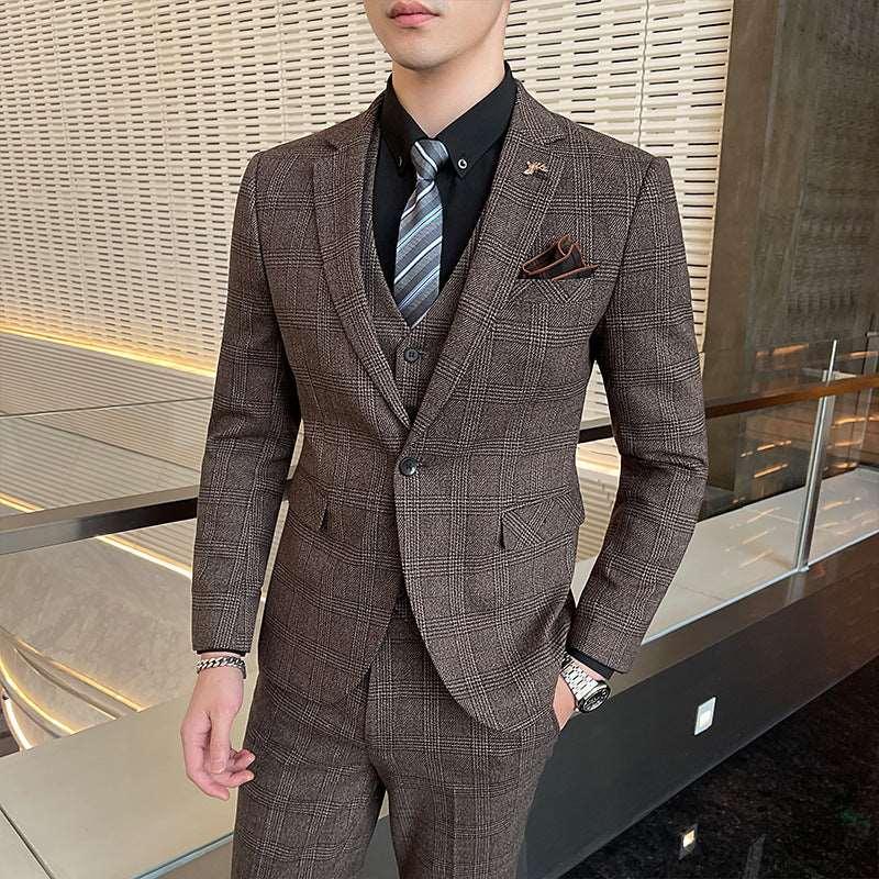 A drop-shipping 2022 new men's plaid suit business casual banquet dress Korean suit three-piece suit - Viva Vista Store