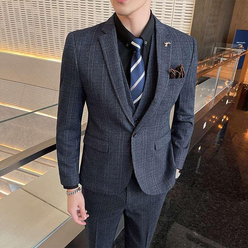 A drop-shipping 2022 new men's plaid suit business casual banquet dress Korean suit three-piece suit - Viva Vista Store