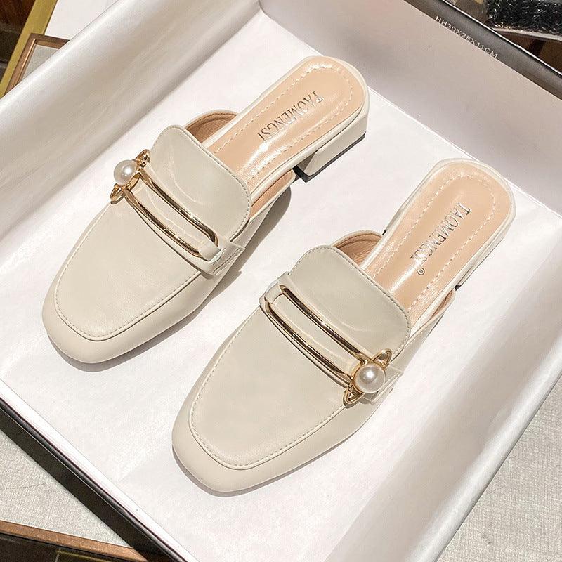 Japanese slippers female 2021 new bag head sandals female pearl lazy flat shoes outside wear thick with half slippers - Viva Vista Store