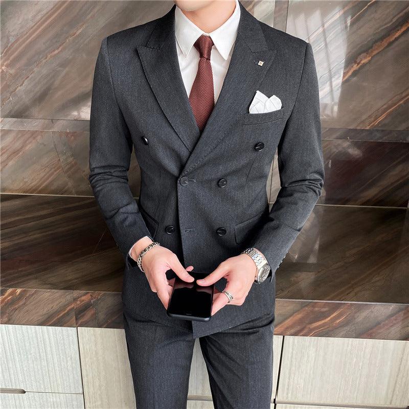 Suit suit 2021 spring new men's business fashion solid color double buckle suit three-piece set four seasons dress - Viva Vista Store