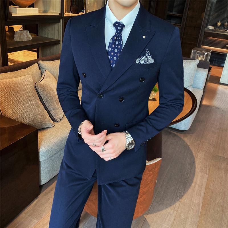 Suit suit 2021 spring new men's business fashion solid color double buckle suit three-piece set four seasons dress - Viva Vista Store