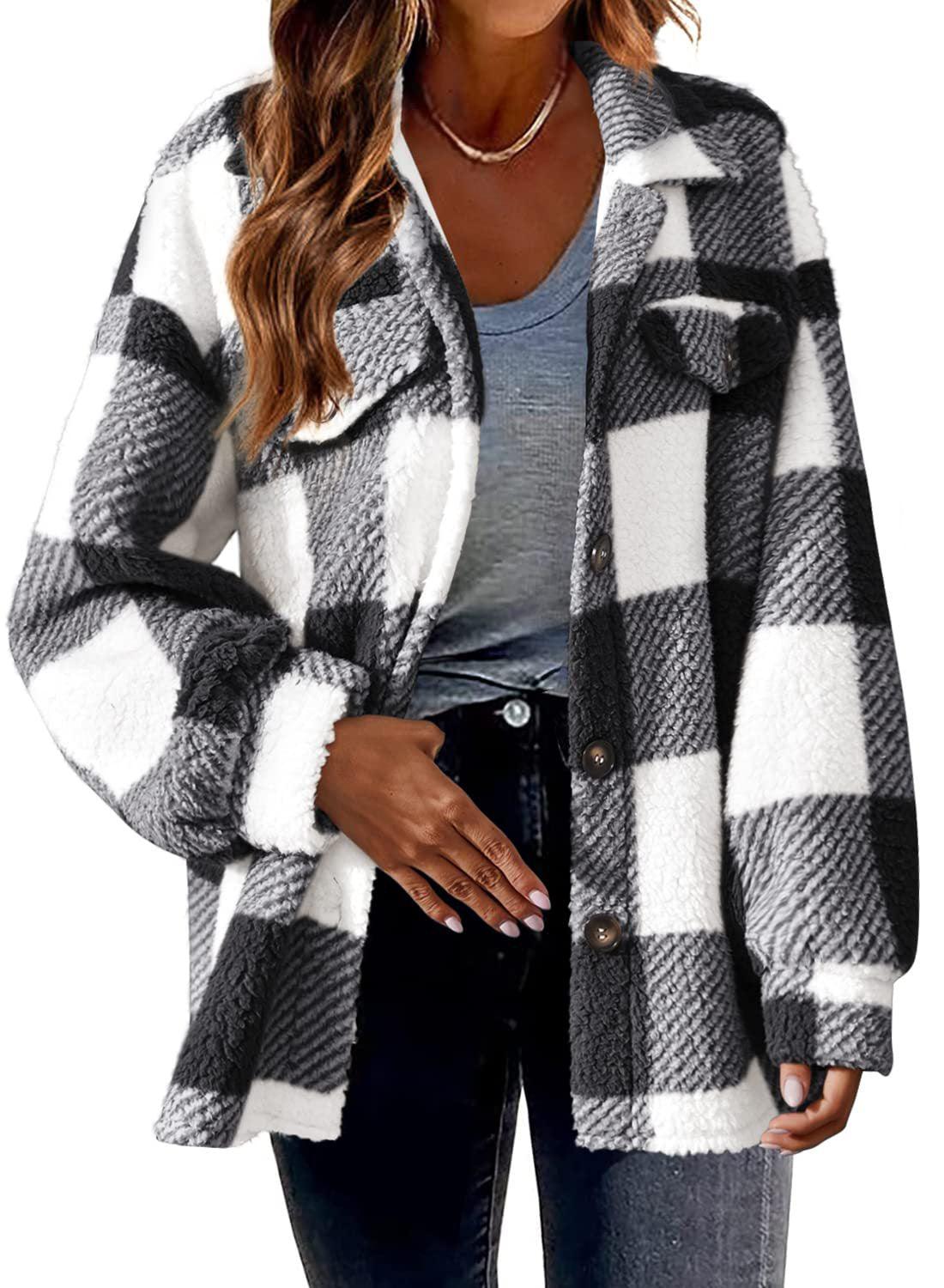 women's button plush coat 2023 autumn/winter with pocket plaid lamb fleece jacket - Viva Vista Store