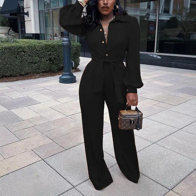 ZL94 Stock 0 Black Women's Temperament Balloon Sleeve Top Loose Wide Leg Pants Casual Suit - Viva Vista Store