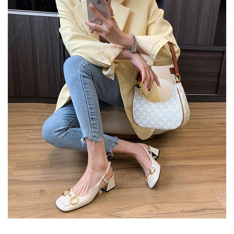 French horsebit single shoes fashion thick high heels small square head shallow mouth Mary Jane shoes toe sandals women - Viva Vista Store