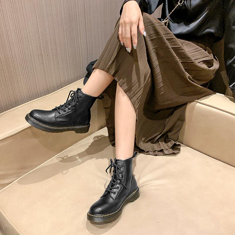 New autumn and winter boots soft leather retro tube boots flat thick keel with Martin boots female round head thick - Viva Vista Store