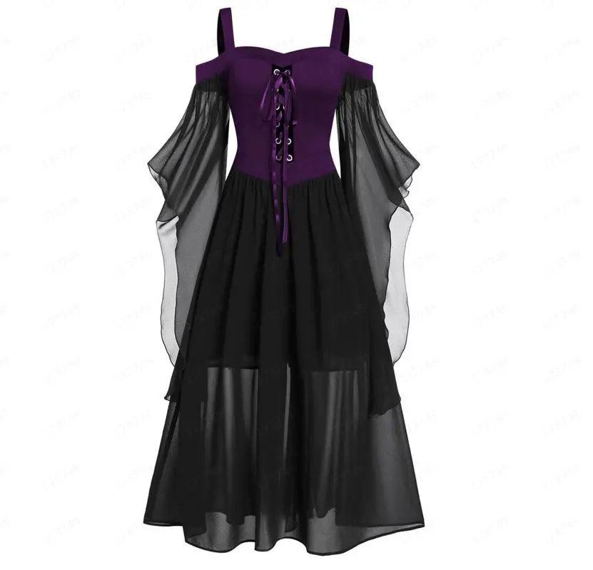 Gothic Dresses for Women Halloween, Plus Size Cold Shoulder Butterfly Sleeve Lace Up Dress Mesh Gothic Dresses - Viva Vista Store