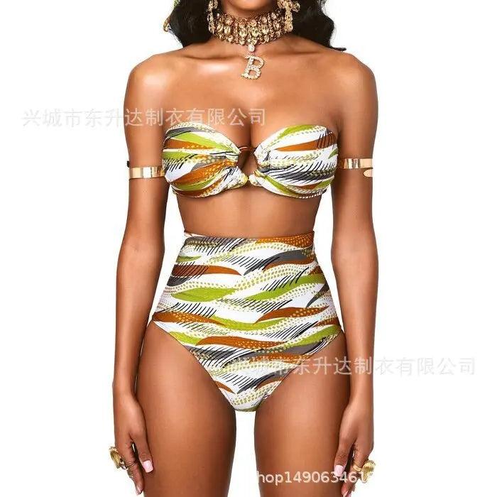 Dongshengda Clothing 2022 European and American Sexy Sexy Split High Waist Tube Top Bikini Swimsuit Female Totem National Style - Viva Vista Store