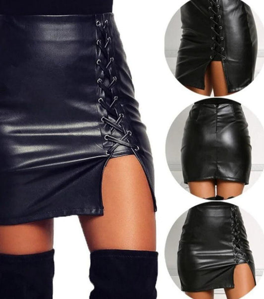 Belted Leather High-Slit Skirt - Viva Vista Store