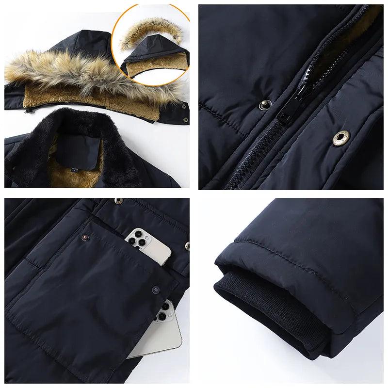 Windproof Fleece Thick Jacket Coat Men Fashion Hooded Fur Collar - Viva Vista Store