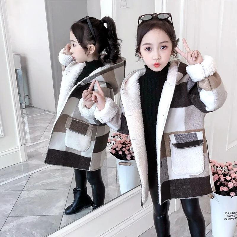 Girl's Plaid Thick Lamb Woolen Coat - Viva Vista Store