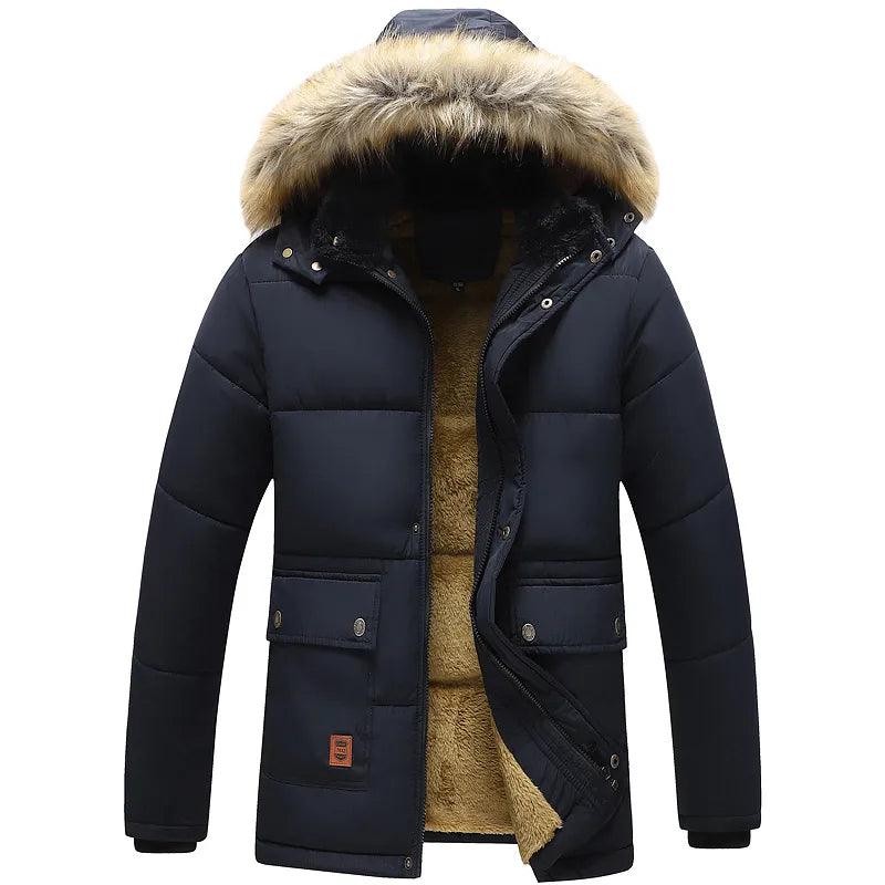 Windproof Fleece Thick Jacket Coat Men Fashion Hooded Fur Collar - Viva Vista Store