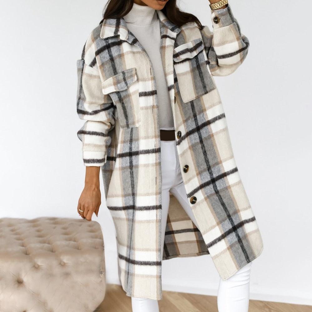 Spring New Plaid Long Blouses Coat Women Casual Vintage Shirt Jacket Female Woolen Blends Printed Overcoat Streetwear - Viva Vista Store