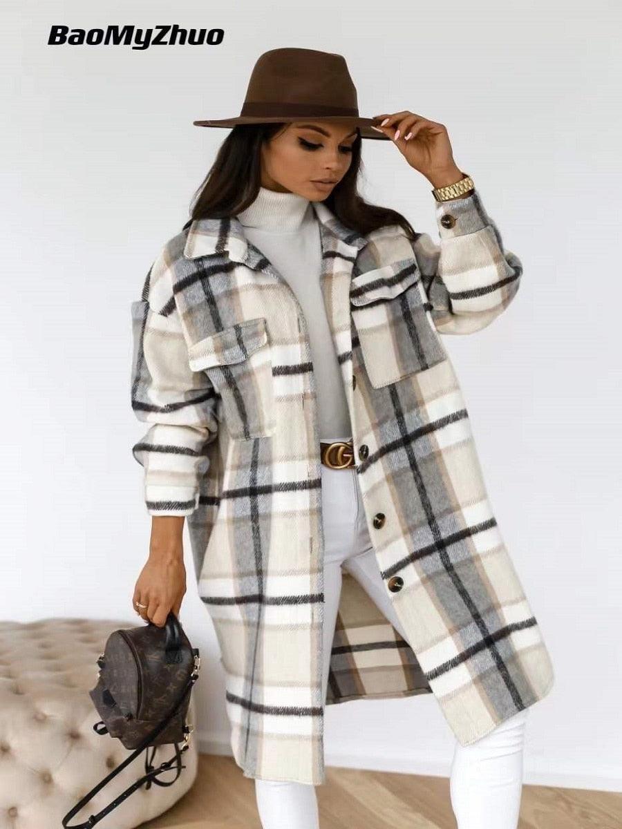 Spring New Plaid Long Blouses Coat Women Casual Vintage Shirt Jacket Female Woolen Blends Printed Overcoat Streetwear - Viva Vista Store