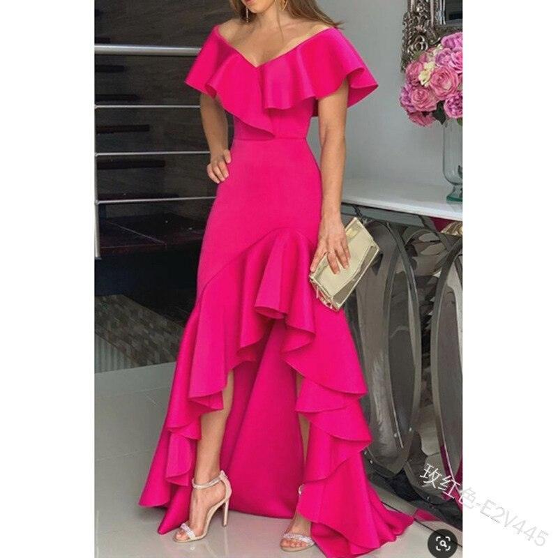 European American Elegant Party Dresses Sexy V-neck Irregular Solid Color Maxi Dress Hem Ruffle Women Short Sleeve Floor-Length - Viva Vista Store