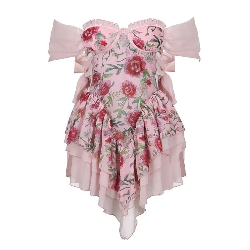 Iconic Pink Floral Ruffle Off-Shoulder Mini Dress - Viva Vista Store