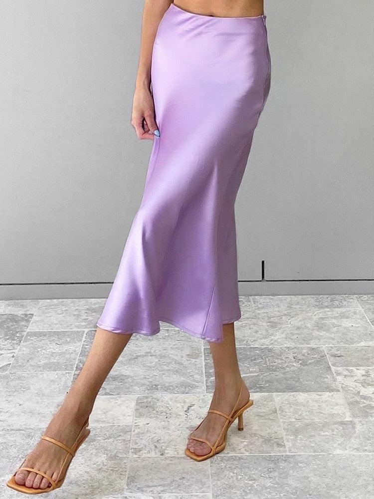 Restve Casual Women High Waisted Long Skirt Purple Satin Office Ladies Elegant Skirts Solid Silk Midi Skirt Spring Summer - Viva Vista Store