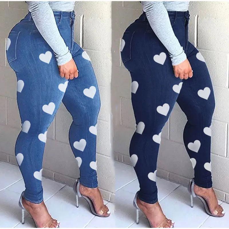 Plus Size Heart Print Skinny Distressed Jeans Mom Vintage Streetwear Women Blue Stretchy Sexy Melody Pencil Denim Pants Y2K - Viva Vista Store