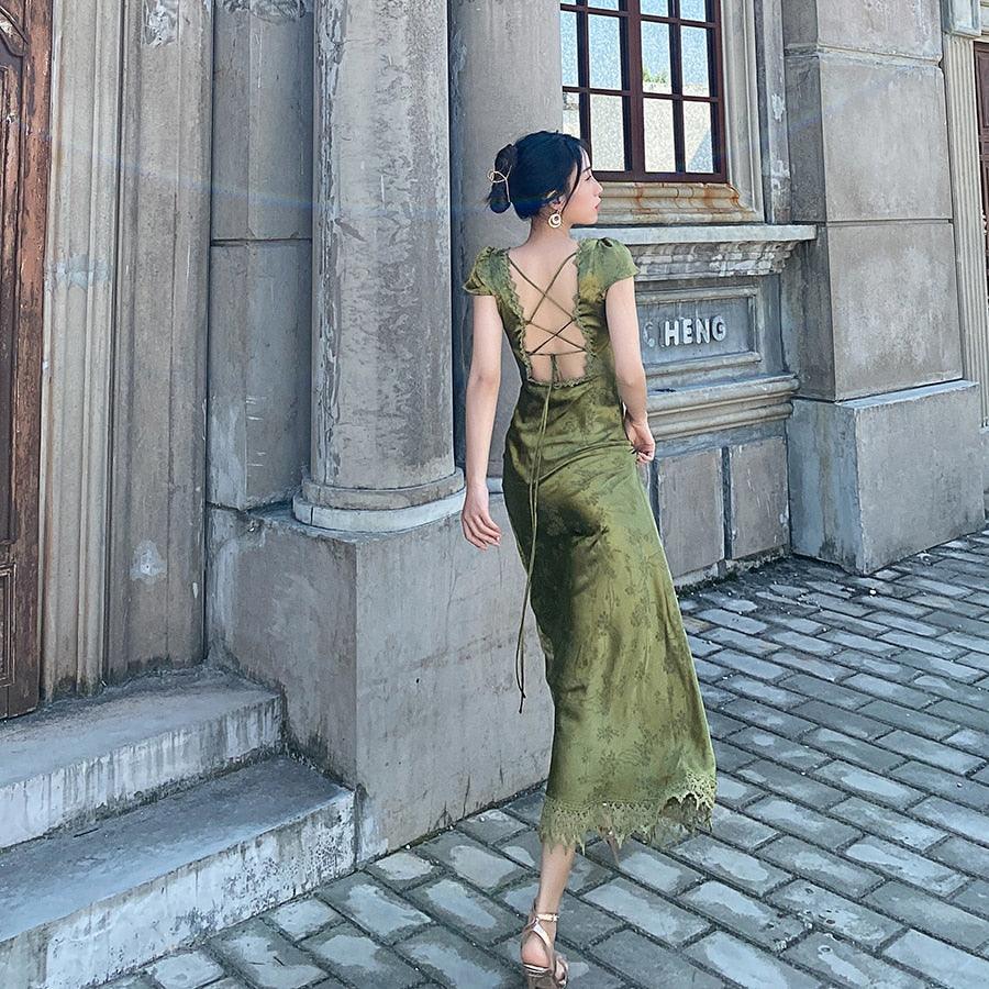 Elegant Green V-Neck Satin Jacquard Dress Women&#39;s Backless Sexy Maxi Dress Summer Ladies Robe Vintage Vestidos Female Clothing - Viva Vista Store